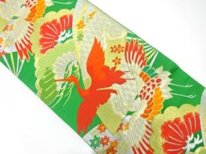 アンティーク　扇面に鶴・松模様織り出し袋帯（着用可）